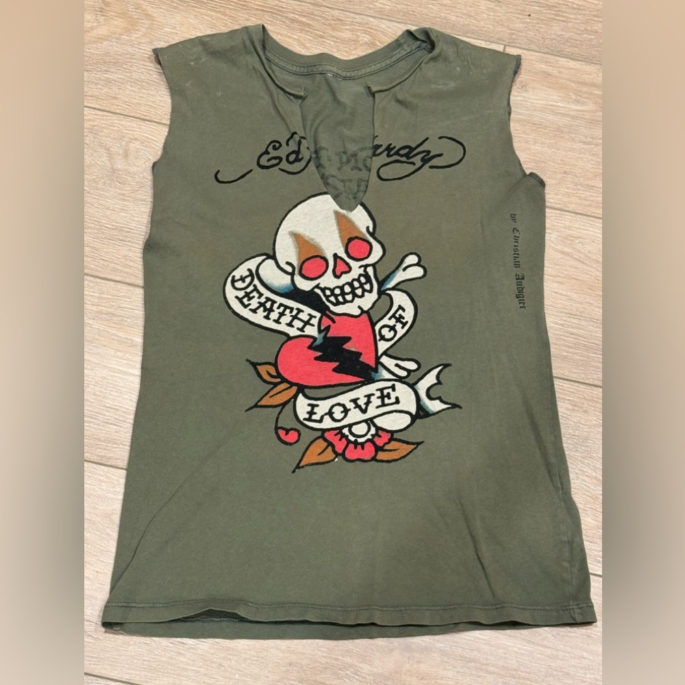 Ed Hardy Olive Green Tank with Tattoo Skull & Heart Graphic womens L